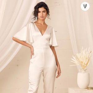 Forever Awaits White Satin Flutter Sleeve Jumpsuit